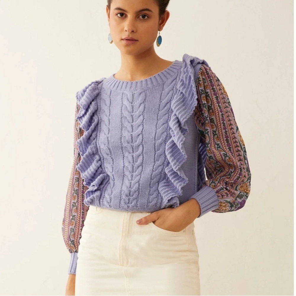 Bohera Boho Ruffled Mixed Media Penelope Sweater blue purple medium